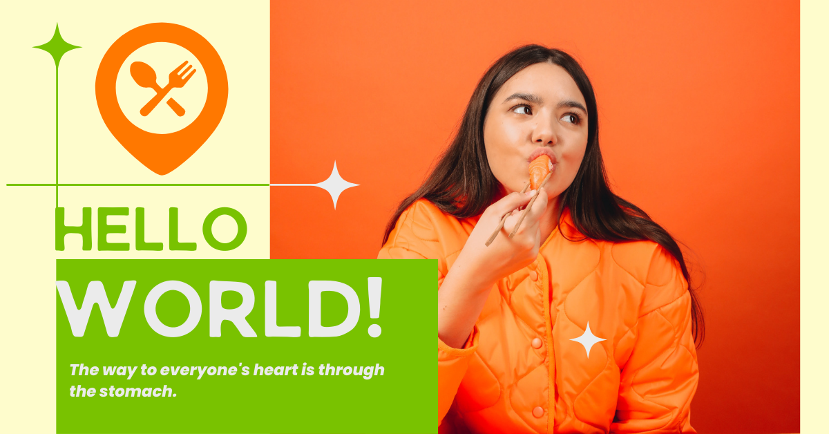 Photo shows a lady wearing an orange jacket, enjoying an ice-cream cone. Photo has text that says Hello world - to introduce NoutoAteria.