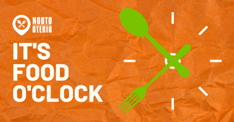 Image shows a clock with spoon and fork as it's hands and text that says "it's food o'clock"