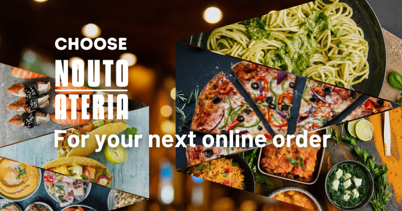 images of food from different cuisines and with text on top telling people to choose noutoateria for their next online order