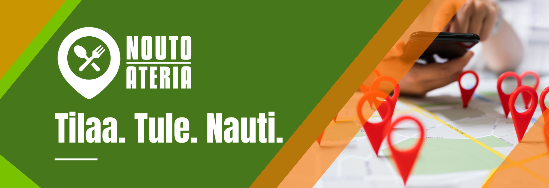 NoutoAteria logo with tag line: Tilaa - Tule - Nauti